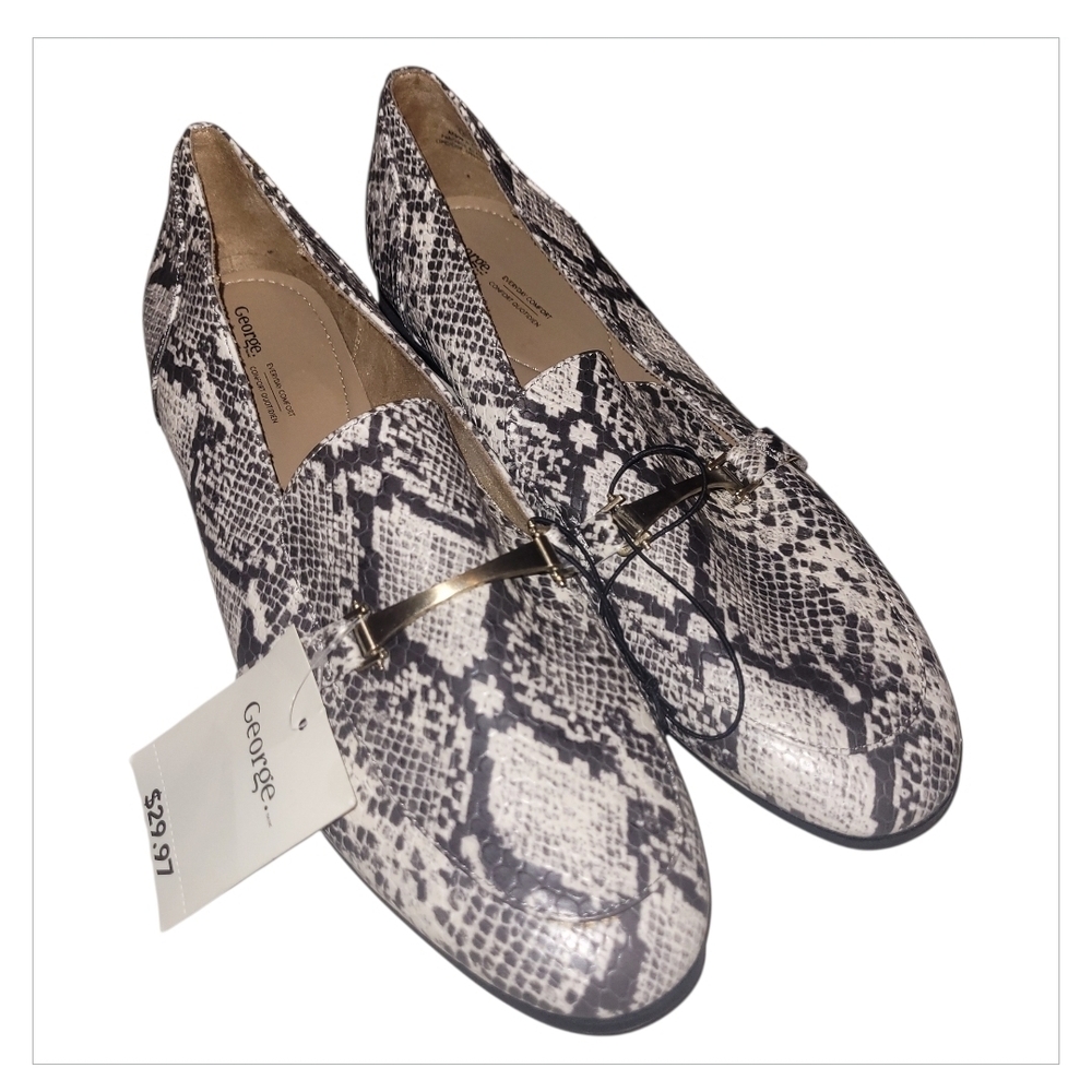 George Snake-Print Slip-On Loafers in Black and White with Gold Bit - Picture 3 of 5